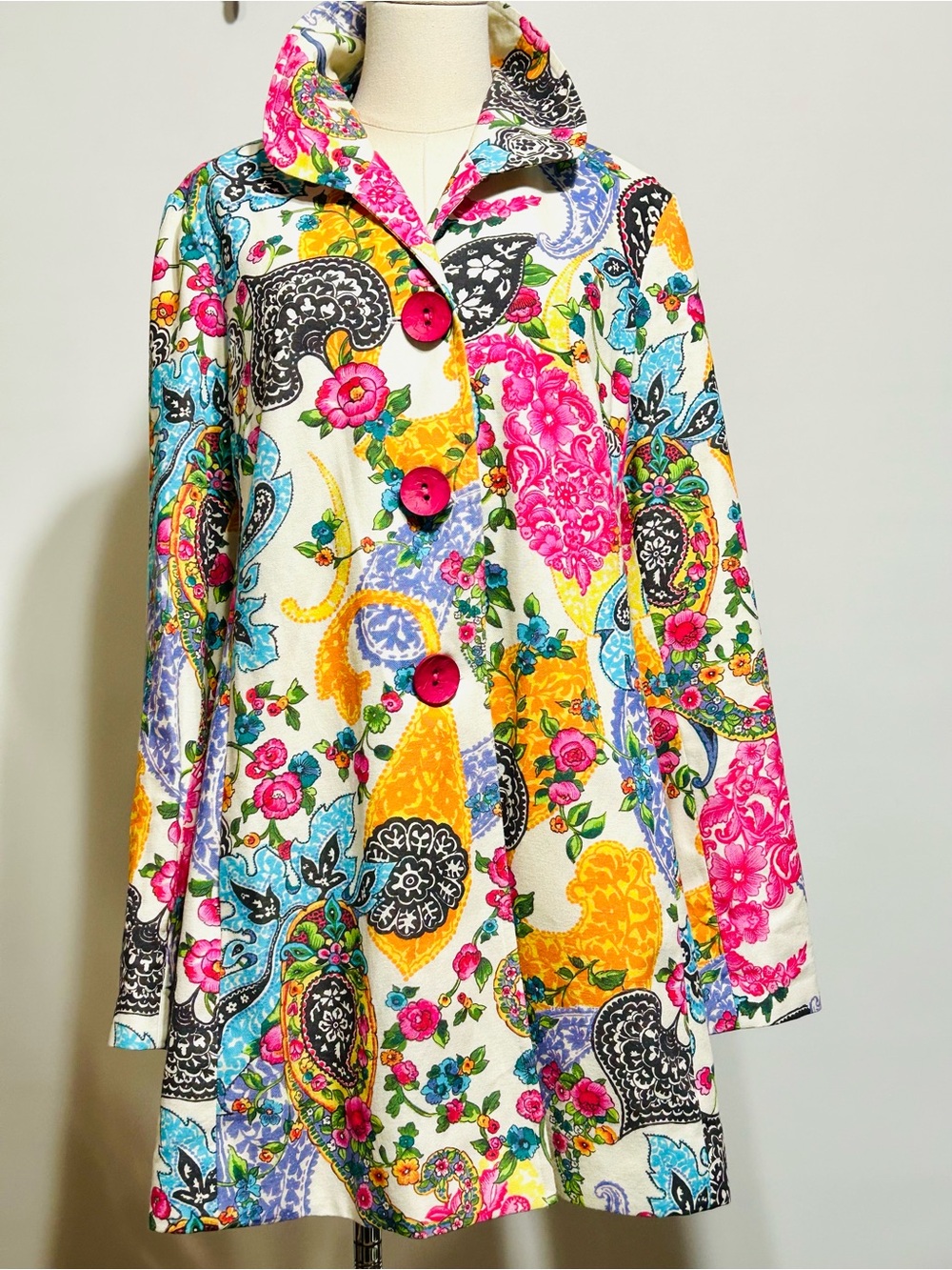 3 Sisters Bright Floral Paisley Pea Coat - White, Pink, Yellow, Blue SUPER CUTE